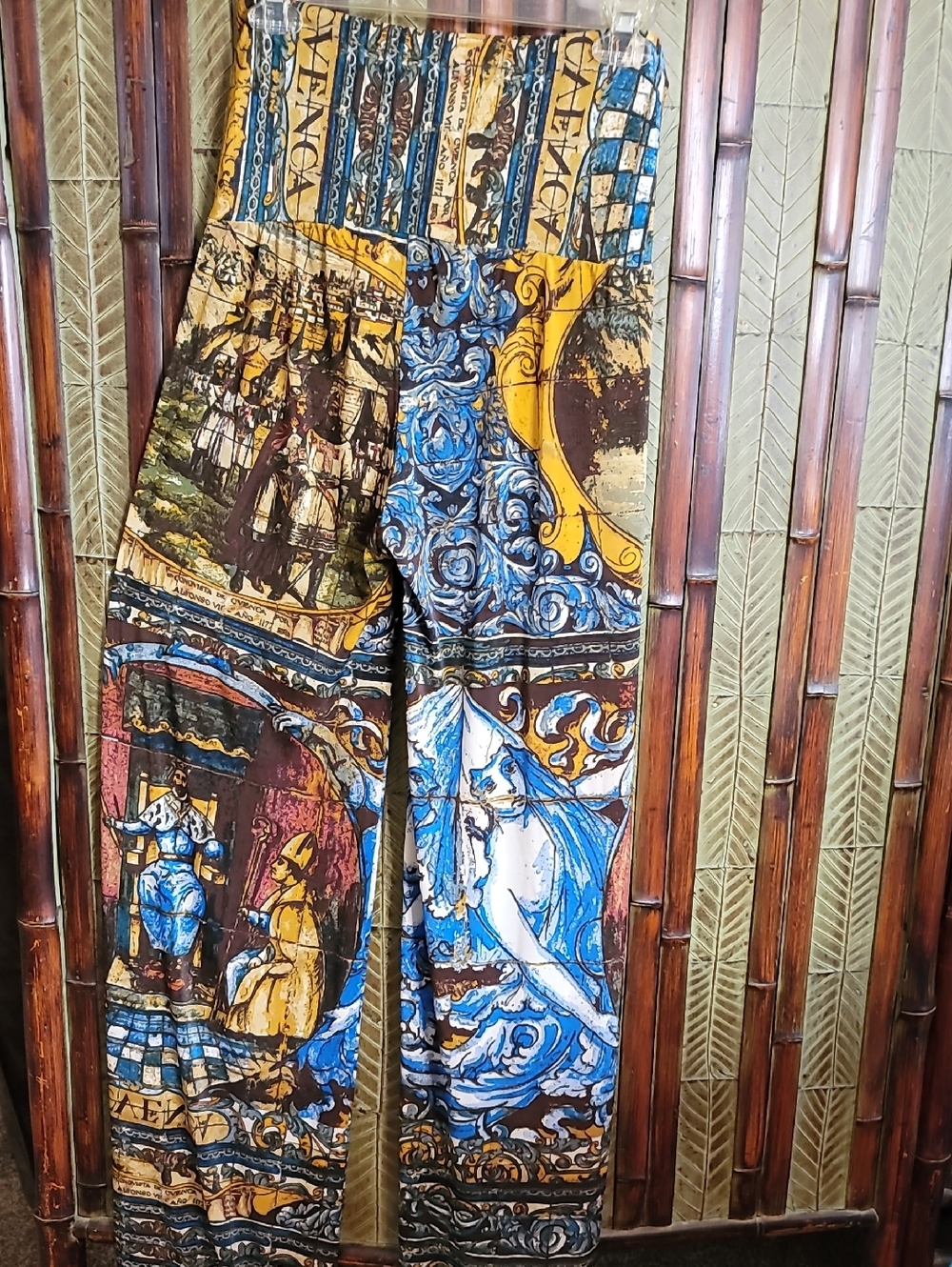 Baroque-Inspired Wide Leg Print Pants in Blue & Gold